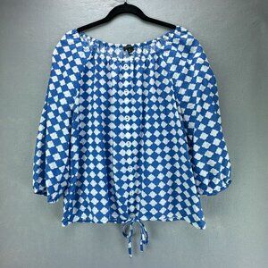 Talbots Top‎ Womens Medium Blue White Pullover Linen Elastic Tie Hem 3/4 Sleeve